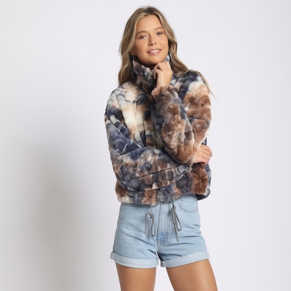 Blue and Brown Fuzzy Tie Dye Zip Up Jacket - Picture 4 of 4